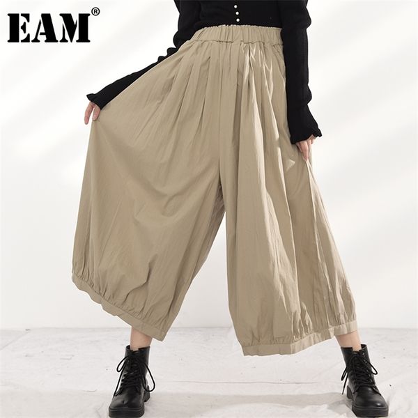 

[eam] high elastic waist khaki long pleated wide legtrousers loose fit pant fashion spring autumn jr01204 211007, Black;white