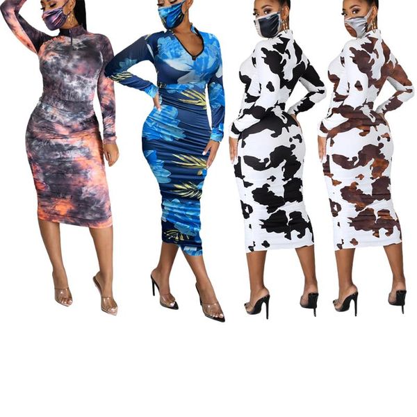 

casual dresses women's wrap ruched bodycon mididress longsleeve zipper deep neck cow floral tie dye print party clubwear slim dress, Black;gray