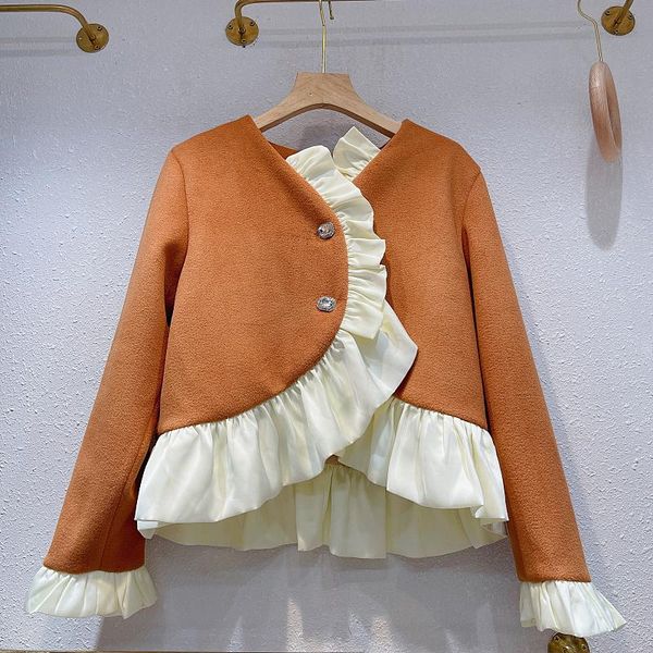 

women's wool & blends ruffled woolen coats for women 2021 autumn patchwork v neck short quilted female winter single breasted korean ov, Black