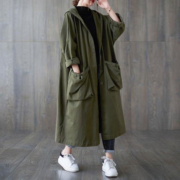 

women's trench coats 2021 arrival hooded thin autumn winter pockets loose street wear women clothes spring long outwear coat, Tan;black