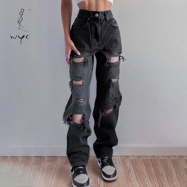 

women's jeans fashion hollow-outed for women female black hip hop streetwear personality high waisted straight full-length pants, Blue