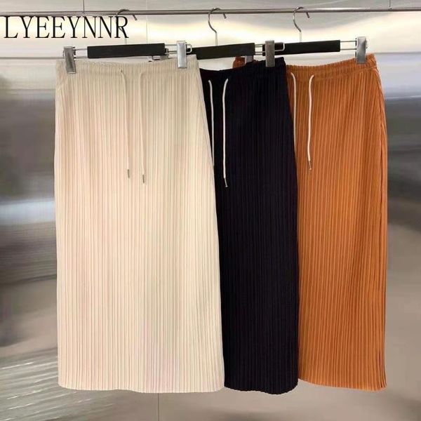 

skirts lyeeynnr women korean fashion lace up elastic high waist lady jupe loose casual straight split female skirt bottoms, Black
