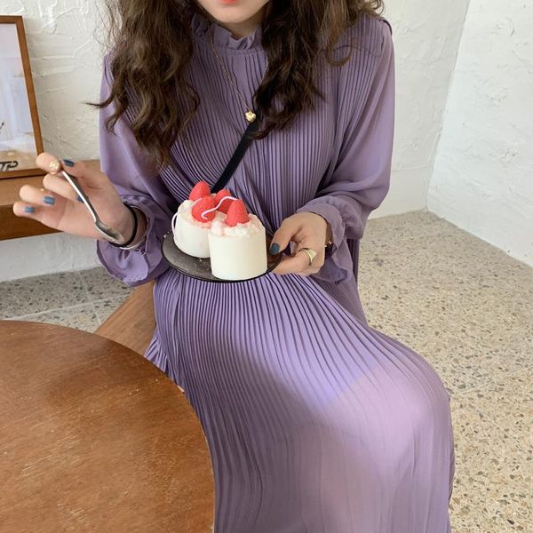 

casual dresses 2021 fashion stand flare sleeve pleated medium length purple solid a-line draped ankle-length for women ft948, Black;gray