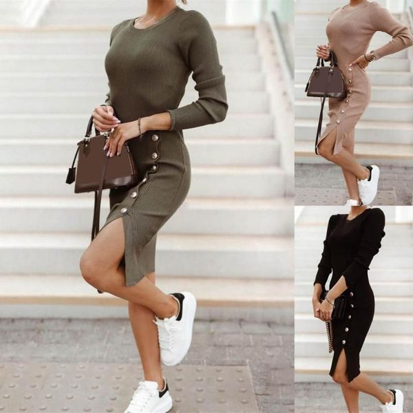

casual dresses knitted dress solid color side split autumn round neck buttons for office, Black;gray