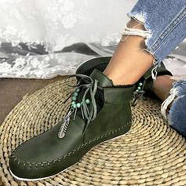 

boots women ankle vintage pu leather flats woman winter warm short plush snow lady sewing footwear plus size shoes, Black