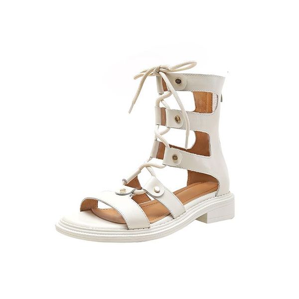 

sandals women cow leather retro gladiator fretwork zipper cross-tied metal decoration flat casual lady, Black