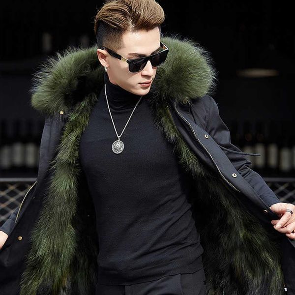 

men's leather & faux akoosun winter natural raccoon fur coat men thick warm jacket 2021 casual real collar hooded parkas plus size 4xl, Black