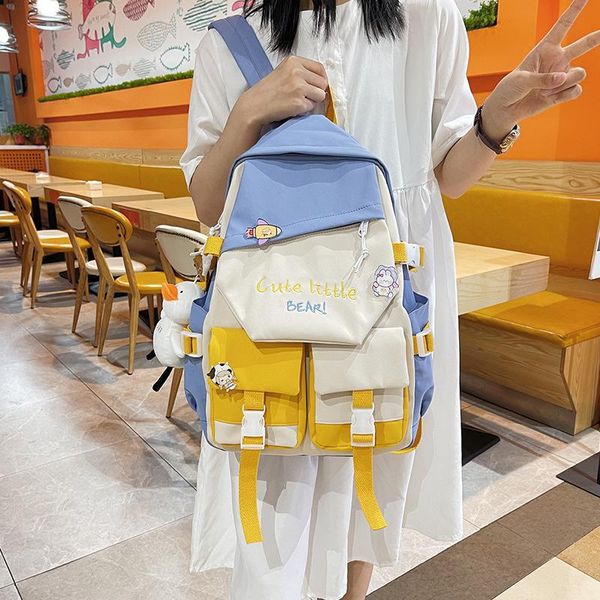 

backpack korean letter printing cotton flax women men multi-pocket travel bag large capacity lapschoolbag