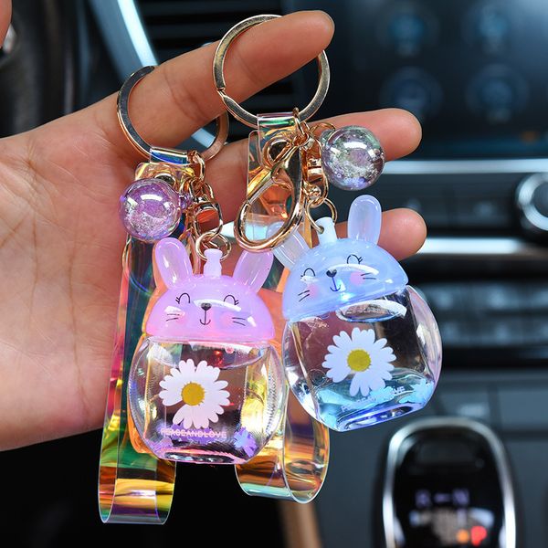 

2021 fashion keychain acrylic chrysanthemum rabbit key chain with light animation cartoon peripheral pendant luminous oil keyring, Silver