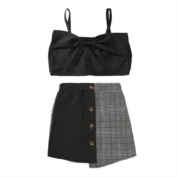 

fashion infant girls clothes sets bow strapless sleeveless vest plaid patchwork button a line skirts, White