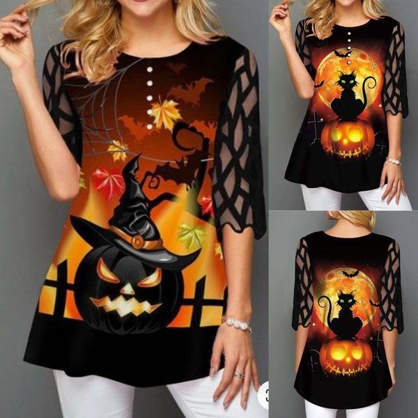 

button decoration halloween pumpkin print lace sleeve t shirt women, White