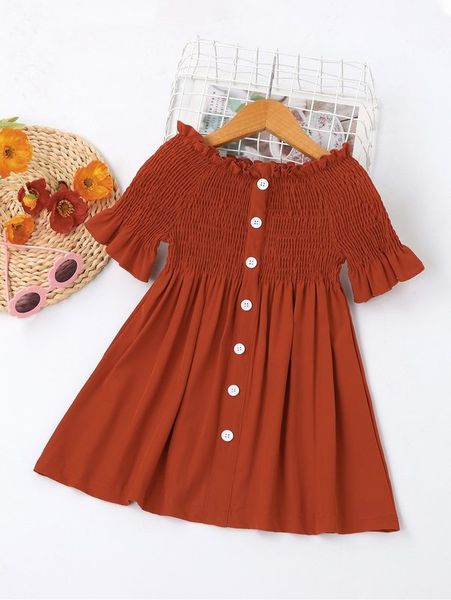 

toddler girls frill trim shirred flounce sleeve dress she, Red;yellow