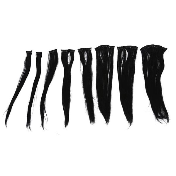 

clip in/on hair extensions 8 pcs " #1b natural black straight full head in synthetic, Black;brown