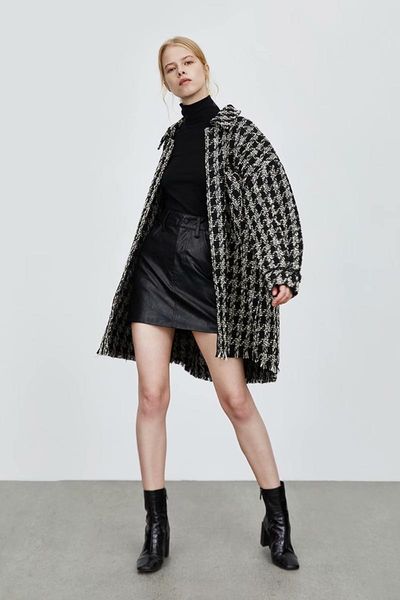 

women's wool & blends wenqing womens casual loose ins fashion turn down neck houndstooth plaid blend shackets checked shirt jackets out, Black