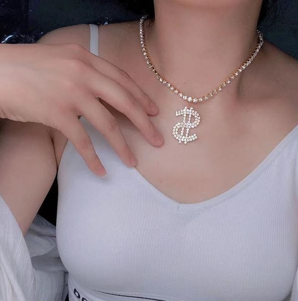 

chains 2021 fashion luxury crystal dollar character letter pendant necklace women's big money rhinestone jewelry, Silver