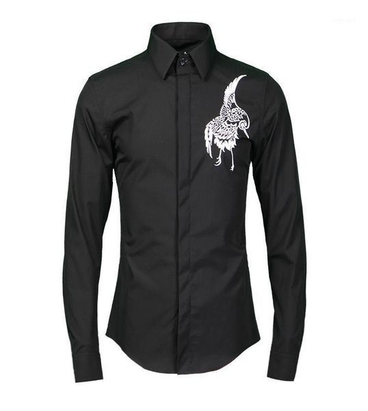 

men's casual shirts men luxury embroidery bird long sleeve mens dress plus size 4xl fashion cotton man, White;black