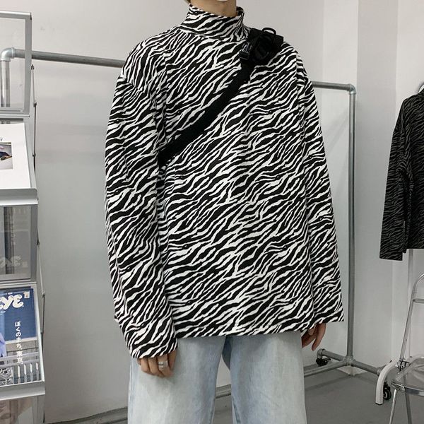 

2021 new zebra t-shirt men's pattern harajuku retro stripe t shirt men streetwear personality long sleeve high collar tshirt mens 1ftk, White;black