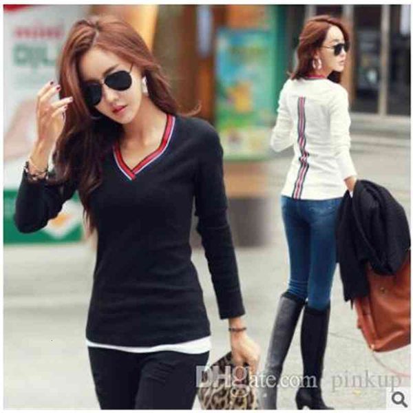

women's t-shirt spring and summer wear women's stitching wide color striped v-neck long sleeve pure cotton breathable brand t-shir, White