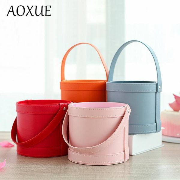 

creative hand-held leather hug bucket flower box round with hand flowers gift packaging christmas gift box home decoration