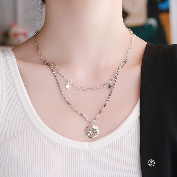 

chaosheng s925 sterling silver star double layered letter round light luxury, european fashion brand necklace, female