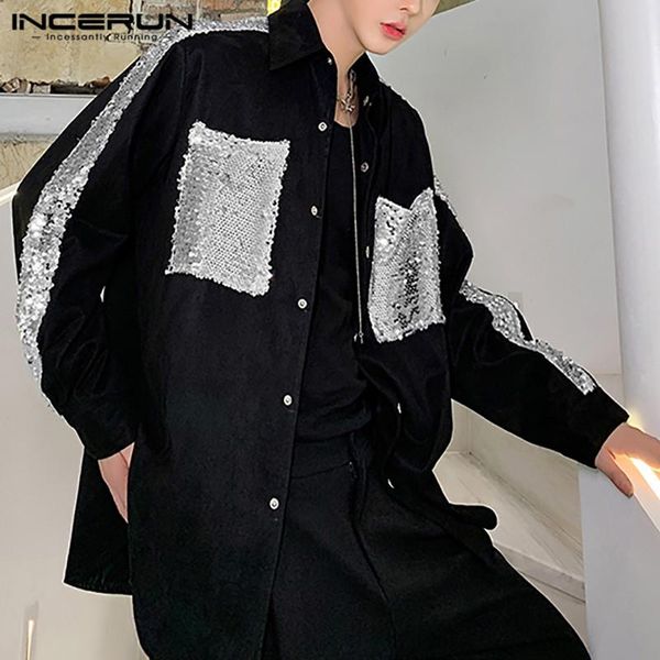 

patchwork men shirt lapel long sleeve streetwear button fashion party nightclub shirts shiny korean style camisas incerun s-5xl, White;black