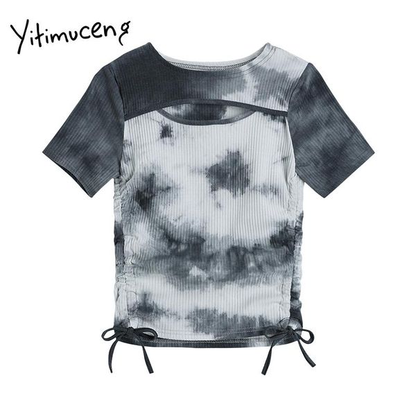 

women's t-shirt yitimuceng tie dye t shirts woman hollow lace up tees skinny o-neck harajuku clothes 2021 summer korean fashion tshirt, White