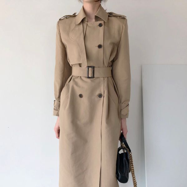 

women's trench coats women casual solid color double breasted outwear sashes office long trend coat epaulet design vintage sleeve, Tan;black