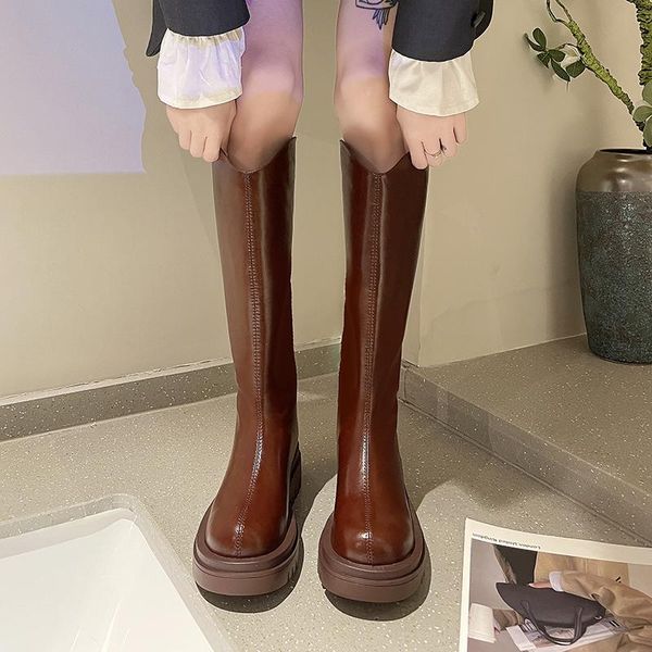 

boots patent leather knee high women shoes knight platform british style thick sole long botas de mujer, Black