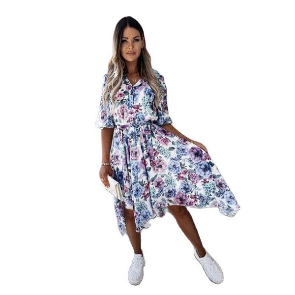 

casual dresses women printed flowers dress irregular half sleeve v-neck button holiday 3 colors drop, Black;gray
