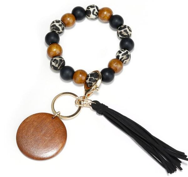 

2021 leopard wooden bead bracelet keychain with tassel wristband bangle key chain, Silver