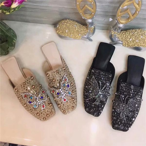 

slippers female casual slides outdoor summer spring comfortable women slipper flat glitter bead decor genuine leather, Black