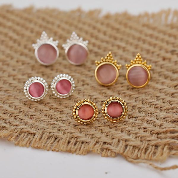 

stud round opal stone earrings for women stainless steel geometric piercing earring handmade vintage jewelry gift, Golden;silver