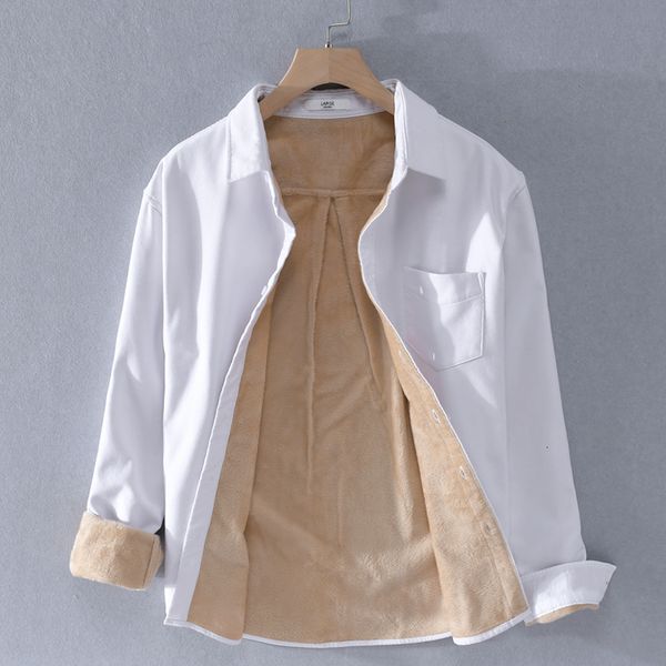 

2021 new outono de manga comprida quente algodo masculina marca moda camisas para casual slida veludo camisa dos homens inverno ncod, White