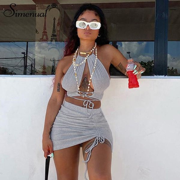 

work dresses simenual drawstring bandage halter backless two piece sets women sleeveless ruched club cut out crop and skirt outfits, White;black