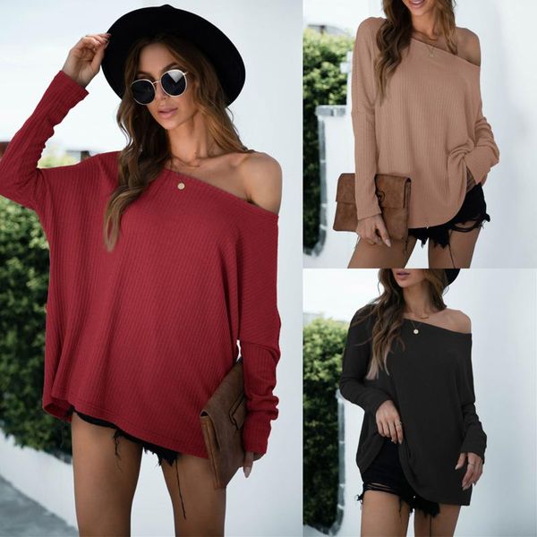 

women's blouses & shirts 2021 fashion loose solid color casual femme off shoulder long sleeve women mujer, White
