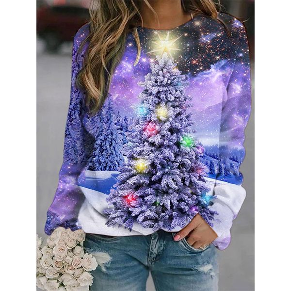 

christmas printed sweatshirt long sleeve round neck sweatshirt women, Black