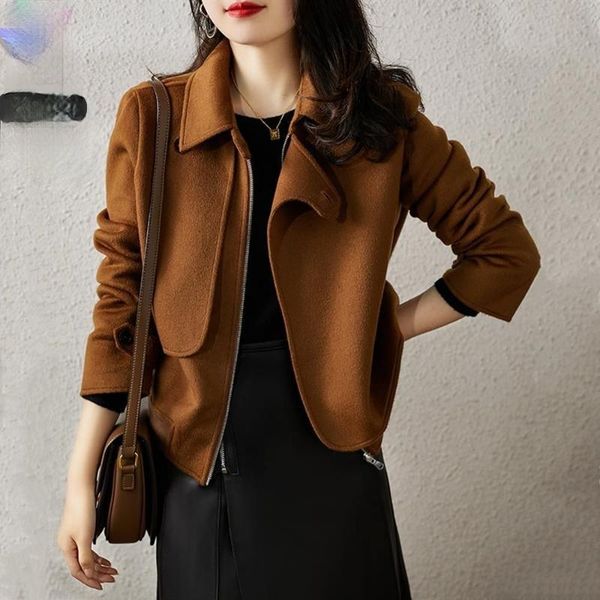 

women's jackets autumn coat fashion short zipper pocket imitation wool cashmere temperament casual solid color, Black;brown