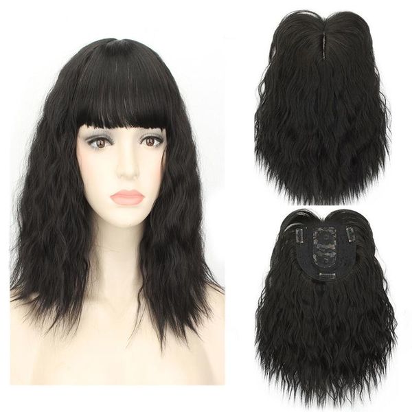 

synthetic wigs female hair & curly 12inch clip in pieces long high temperature fiber dark/light brown, Black