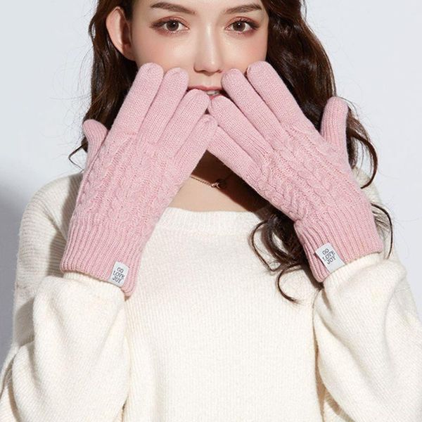 

five fingers gloves women winter touch screen warm braided cable knit thermal plush lined elastic cuff doube layer texting mittens, Blue;gray