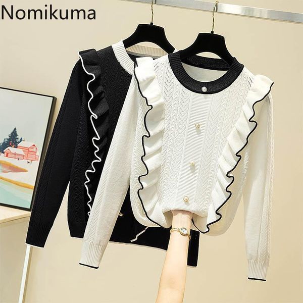 

women's sweaters nomikuma korean contrast color ruffle o-neck knitted pullover 2021 autumn long sleeve knitwear sweet women jumper 6c38, White;black
