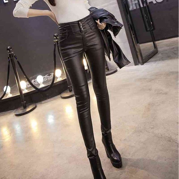 

tight plus size solid casual womens legging trousers leather slim elasticity pants keep warm, Black
