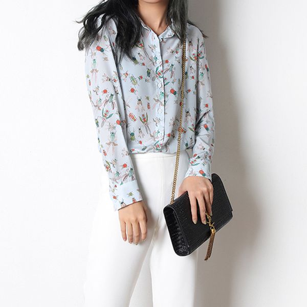 

2021 new mulheres impresso inseto 100% camisa seda solta turn-down collar no incio do outono de manga longa feminino casual blusa com botes, Black