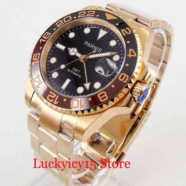 

auto luxury mechanical men's with date sapphire crystal rose gold plated bracelet rotating bezel 40mm automatic watch, Slivery;brown