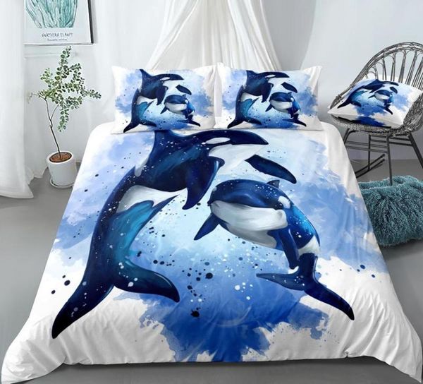 

killer whalduvet cover set blue ocean bedding kids boys girls watercolor animal quilt cover white  cartoon dropship