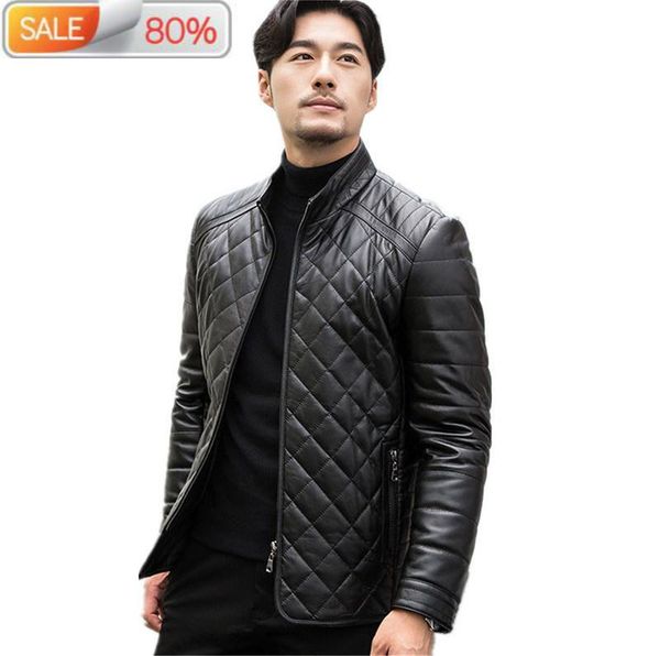 

men's leather & faux genuine autumn short down cotton winter jacket men sheepskin coat mens jackets and coats chaqueta nd1155, Black