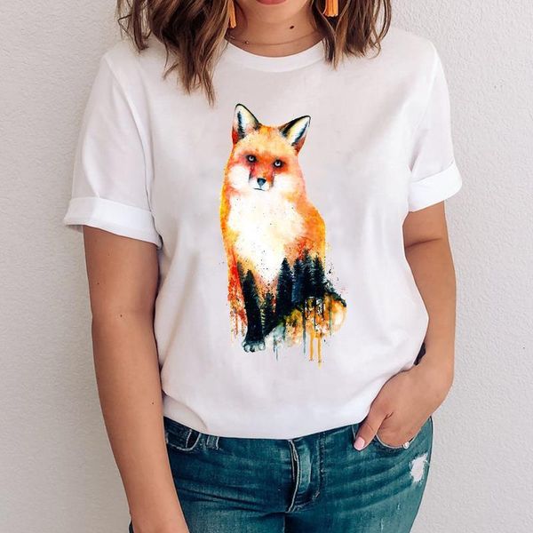 

women graphic ladies watercolor clothing fox cartoon animal clothes lady clothing tees print female tshirt t-shirt, White