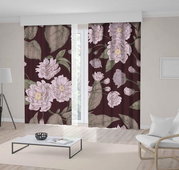 

curtain & drapes floral pattern with leaves flowers and branches on burgundy background vintage artwork lilac green