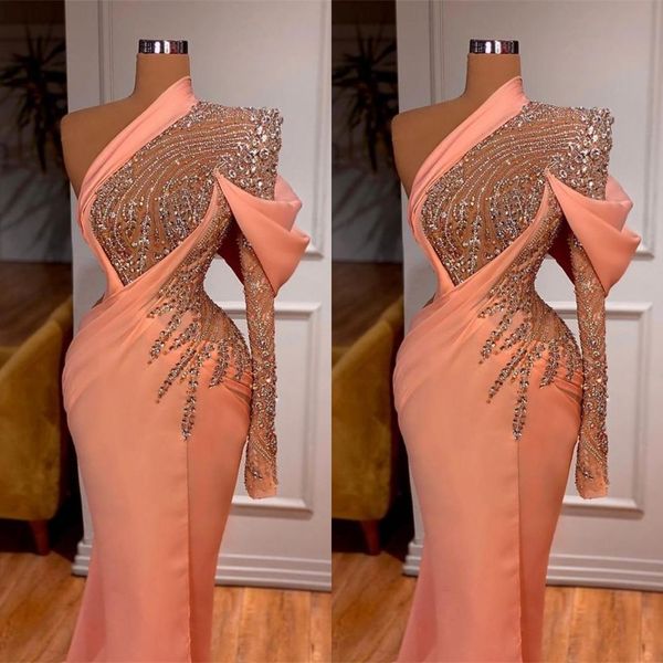 Arabisch sexy Abschlussball Kleider eine Schulter Illusion Langarm Pfirsich Kristallperlen Meerjungfrau Abendkleid Party Festzug formelle Kleider Plus Size Floor Länge 403