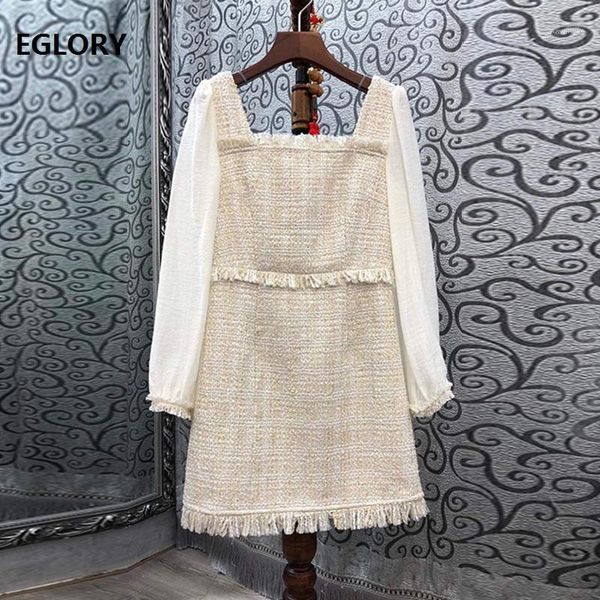 

casual dresses 2021 autumn winter fashion wool dress women square collar color block sleeve patchwork vintage woolen, Black;gray