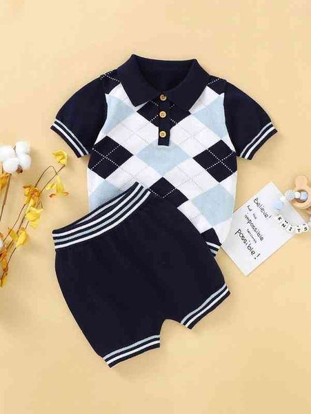 

baby boy argyle pattern polo neck knit with knit shorts she, White